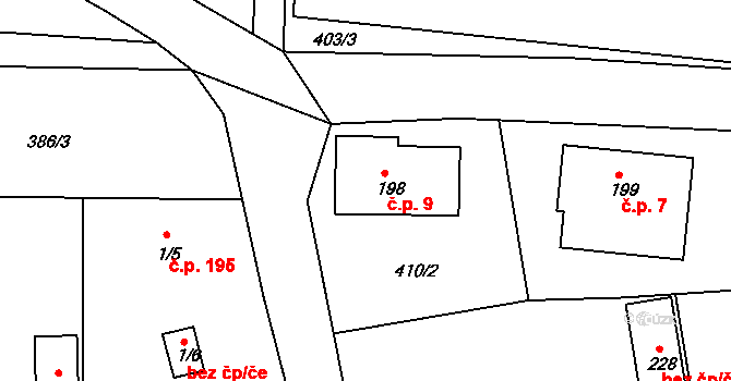 Vítějeves 9 na parcele st. 198 v KÚ Vítějeves, Katastrální mapa