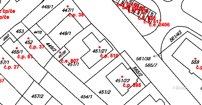 Medlánky 510, Brno na parcele st. 451/21 v KÚ Medlánky, Katastrální mapa