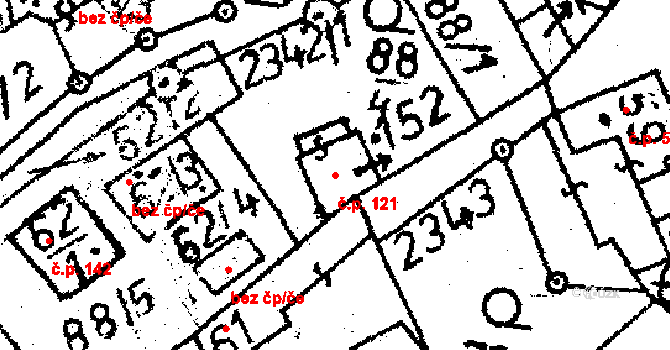 Těmice 121 na parcele st. 152 v KÚ Těmice u Kamenice nad Lipou, Katastrální mapa