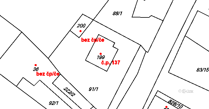 Skochovice 137, Nový Bydžov na parcele st. 199 v KÚ Skochovice, Katastrální mapa