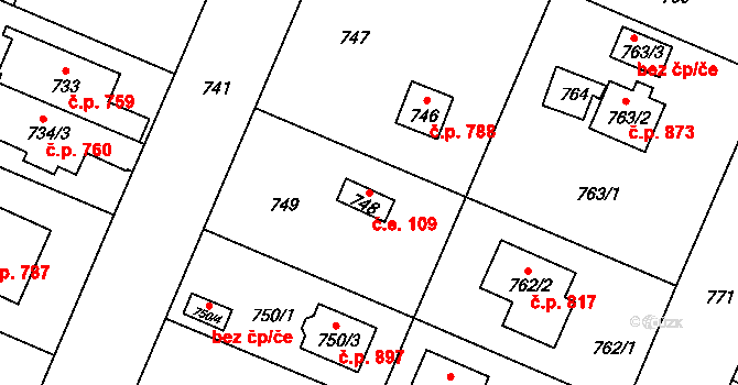 Šeberov 109, Praha na parcele st. 748 v KÚ Šeberov, Katastrální mapa