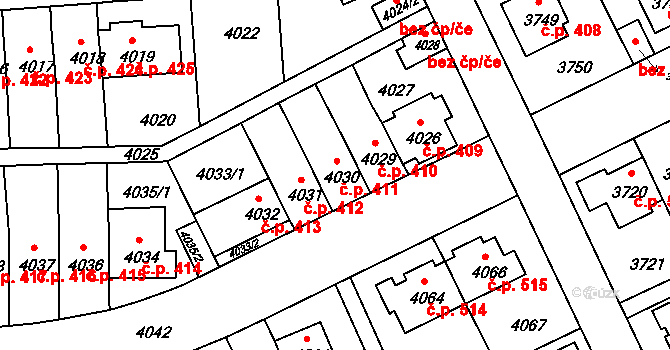 Záběhlice 411, Praha na parcele st. 4030 v KÚ Záběhlice, Katastrální mapa