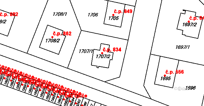 Kbely 834, Praha na parcele st. 1707/2 v KÚ Kbely, Katastrální mapa