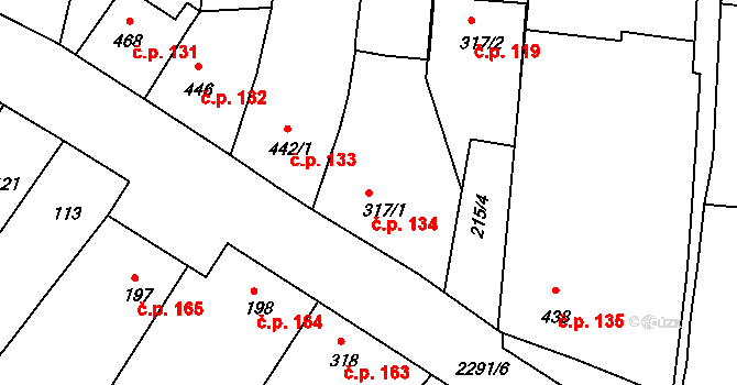 Rožmitál pod Třemšínem 134 na parcele st. 317/1 v KÚ Rožmitál pod Třemšínem, Katastrální mapa