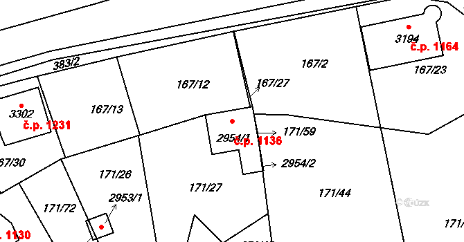 Sezimovo Ústí 1136 na parcele st. 2954/1 v KÚ Sezimovo Ústí, Katastrální mapa