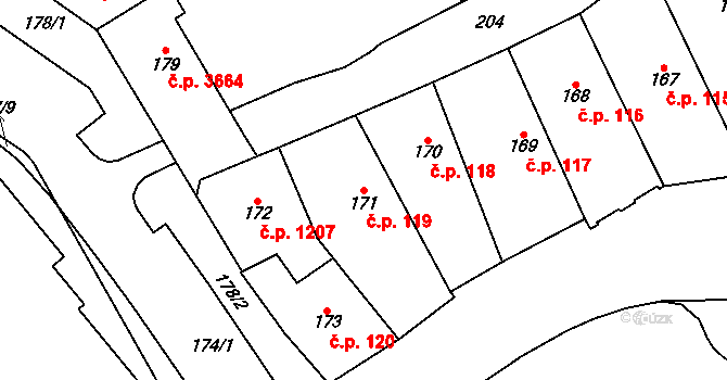 Chomutov 119 na parcele st. 171 v KÚ Chomutov I, Katastrální mapa