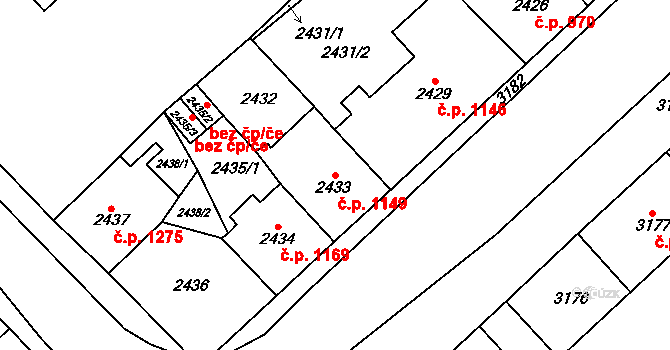 Chomutov 1149 na parcele st. 2433 v KÚ Chomutov I, Katastrální mapa