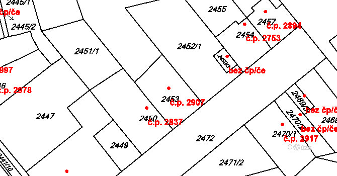 Chomutov 2907 na parcele st. 2453 v KÚ Chomutov II, Katastrální mapa