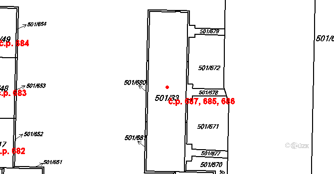 Ráj 685,686,687, Karviná na parcele st. 501/33 v KÚ Ráj, Katastrální mapa
