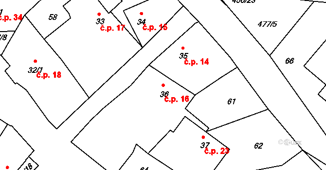 Bohouňovice I 16, Červené Pečky na parcele st. 36 v KÚ Bohouňovice I, Katastrální mapa