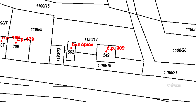 Doubravník 309 na parcele st. 549 v KÚ Doubravník, Katastrální mapa