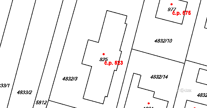 Mohelno 523 na parcele st. 825 v KÚ Mohelno, Katastrální mapa