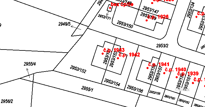 Kadaň 1943 na parcele st. 2953/151 v KÚ Kadaň, Katastrální mapa