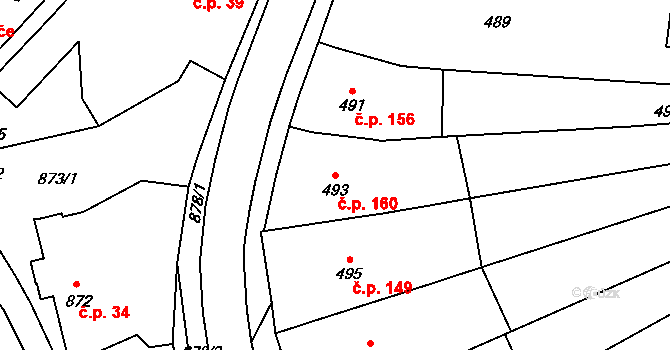 Chudčice 160 na parcele st. 493 v KÚ Chudčice, Katastrální mapa