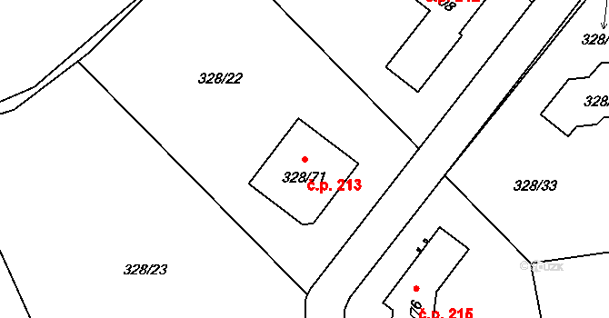 Háje 213 na parcele st. 328/71 v KÚ Háje u Příbramě, Katastrální mapa