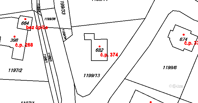 Prostřední Lánov 374, Lánov na parcele st. 682 v KÚ Prostřední Lánov, Katastrální mapa