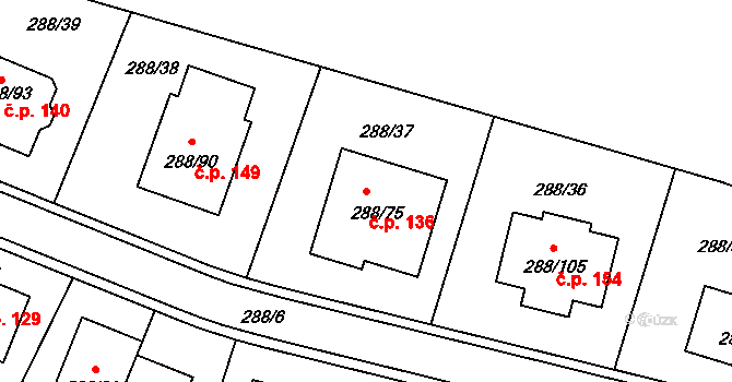 Pávov 136, Jihlava na parcele st. 288/75 v KÚ Pávov, Katastrální mapa