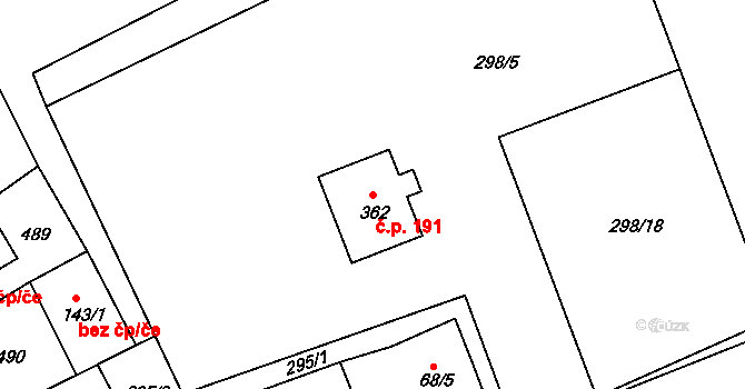Dolní Bělá 191 na parcele st. 362 v KÚ Dolní Bělá, Katastrální mapa