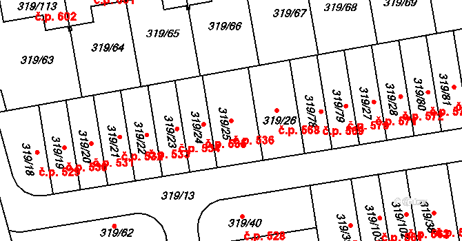 Moravany 536 na parcele st. 319/25 v KÚ Moravany u Brna, Katastrální mapa