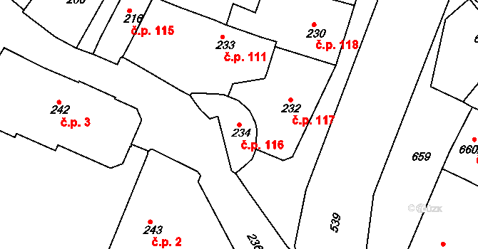 Jemnice 116 na parcele st. 234 v KÚ Jemnice, Katastrální mapa