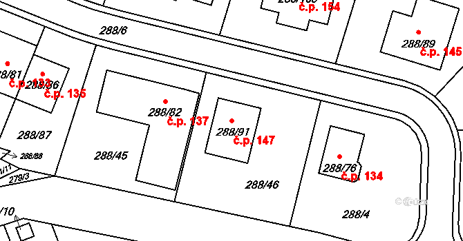 Pávov 147, Jihlava na parcele st. 288/91 v KÚ Pávov, Katastrální mapa
