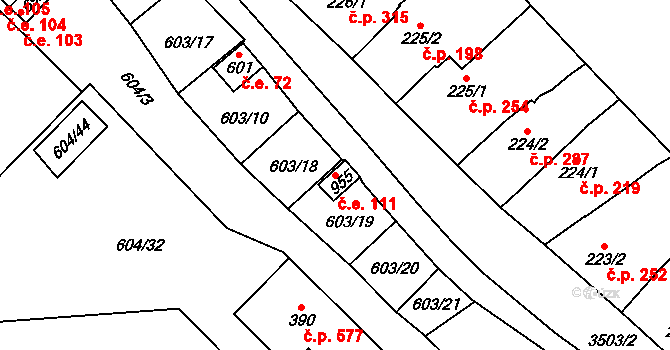 Lysice 111 na parcele st. 955 v KÚ Lysice, Katastrální mapa