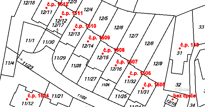 Fryštát 1508, Karviná na parcele st. 12/15 v KÚ Karviná-město, Katastrální mapa