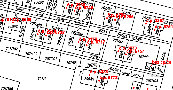 Zlín 6717 na parcele st. 3665/2 v KÚ Zlín, Katastrální mapa
