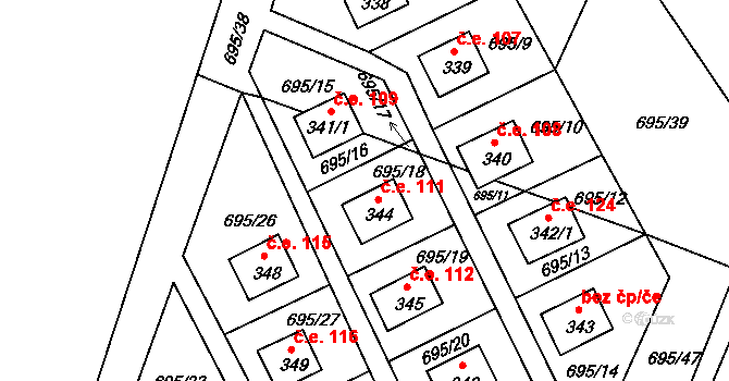 Dobronice u Bechyně 111 na parcele st. 344 v KÚ Dobronice u Bechyně, Katastrální mapa