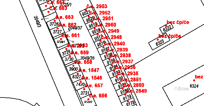 Hodonín 2940 na parcele st. 9187 v KÚ Hodonín, Katastrální mapa