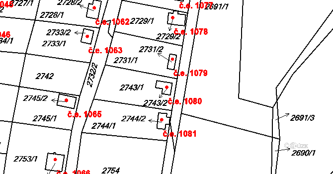 Bystřice nad Pernštejnem 1080 na parcele st. 2743/2 v KÚ Bystřice nad Pernštejnem, Katastrální mapa