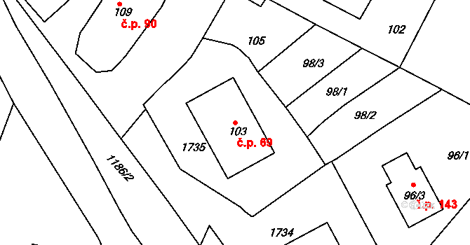 Domanín 69, Bystřice nad Pernštejnem na parcele st. 103 v KÚ Domanín u Bystřice nad Pernštejnem, Katastrální mapa