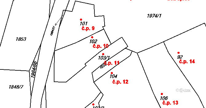 Kladná Žilín 11, Luhačovice na parcele st. 103/1 v KÚ Kladná Žilín, Katastrální mapa