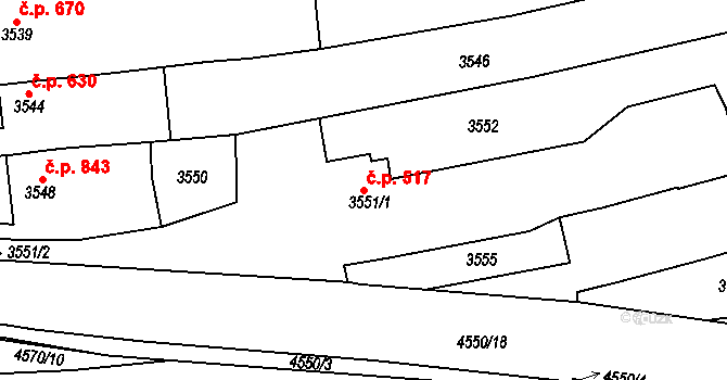 Vlčnov 517 na parcele st. 3551/1 v KÚ Vlčnov, Katastrální mapa