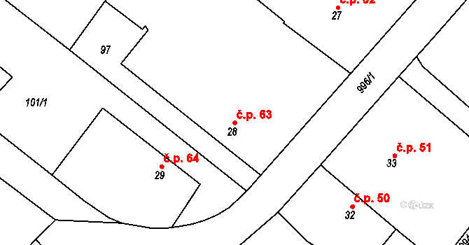 Bořice 63 na parcele st. 28 v KÚ Bořice u Hrochova Týnce, Katastrální mapa