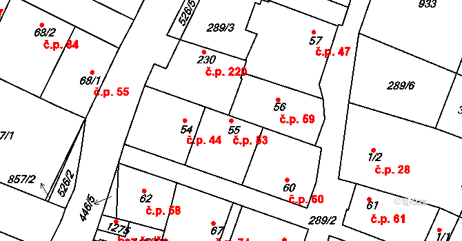 Neratovice 53 na parcele st. 55 v KÚ Neratovice, Katastrální mapa