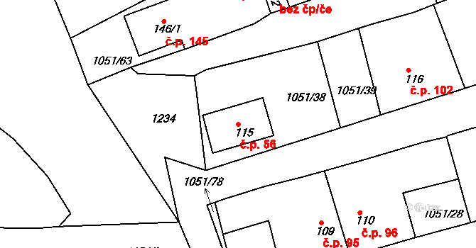 Těškov 56 na parcele st. 115 v KÚ Těškov, Katastrální mapa