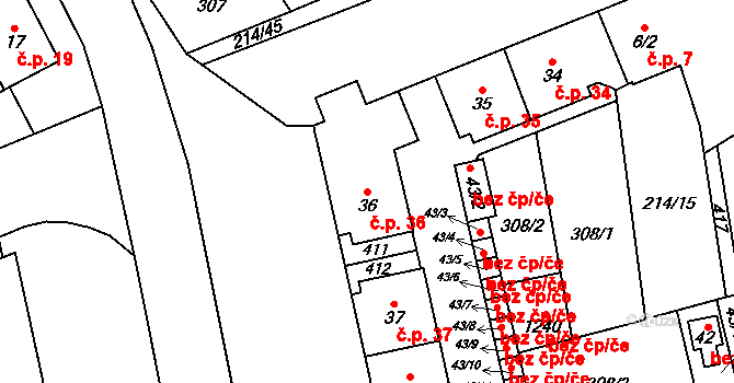 Doubravice 36, Pardubice na parcele st. 36 v KÚ Semtín, Katastrální mapa