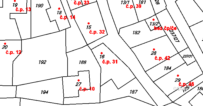 Veleboř 31, Klopina na parcele st. 16 v KÚ Veleboř, Katastrální mapa