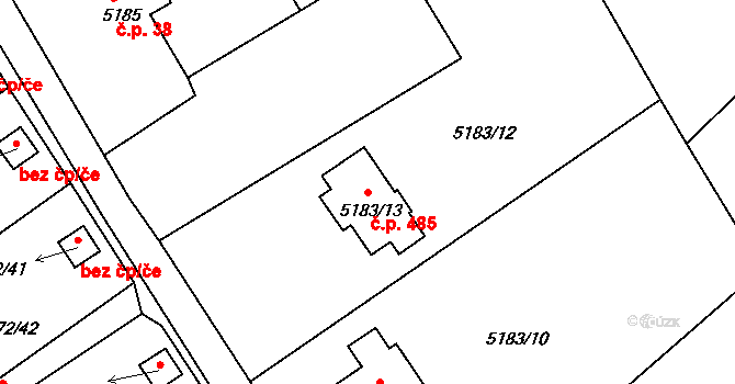 Lískovec 485, Frýdek-Místek na parcele st. 5183/13 v KÚ Lískovec u Frýdku-Místku, Katastrální mapa