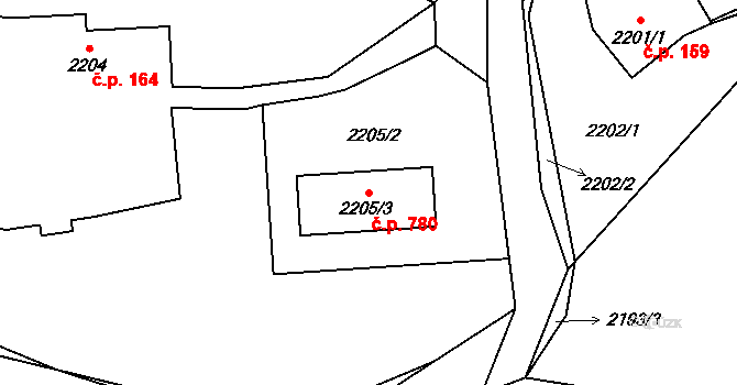 Fryčovice 780 na parcele st. 2205/3 v KÚ Fryčovice, Katastrální mapa