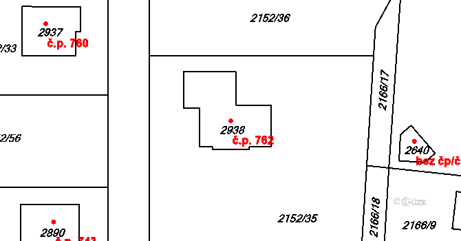Litice 762, Plzeň na parcele st. 2938 v KÚ Litice u Plzně, Katastrální mapa