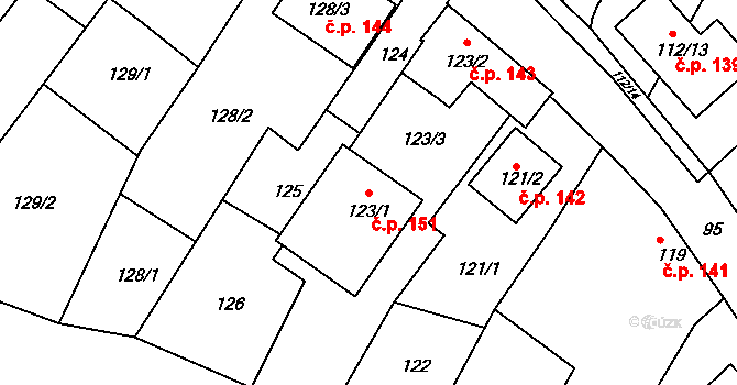Jaroslavice 151 na parcele st. 123/1 v KÚ Jaroslavice, Katastrální mapa
