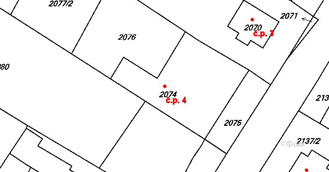 Gabrielka 4, Kamenice nad Lipou na parcele st. 2074 v KÚ Kamenice nad Lipou, Katastrální mapa