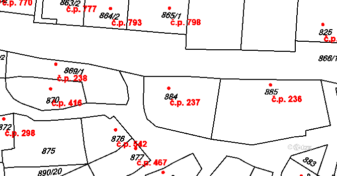 Klobouky u Brna 237 na parcele st. 884 v KÚ Klobouky u Brna, Katastrální mapa