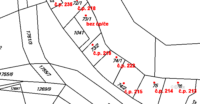Jevišovice 216 na parcele st. 73/2 v KÚ Jevišovice, Katastrální mapa