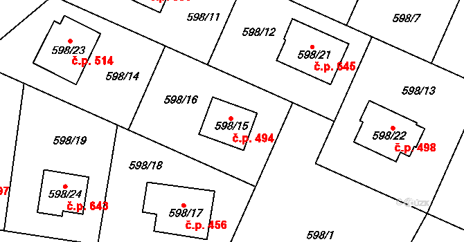 Žižkov 494, Kutná Hora na parcele st. 598/15 v KÚ Kutná Hora, Katastrální mapa