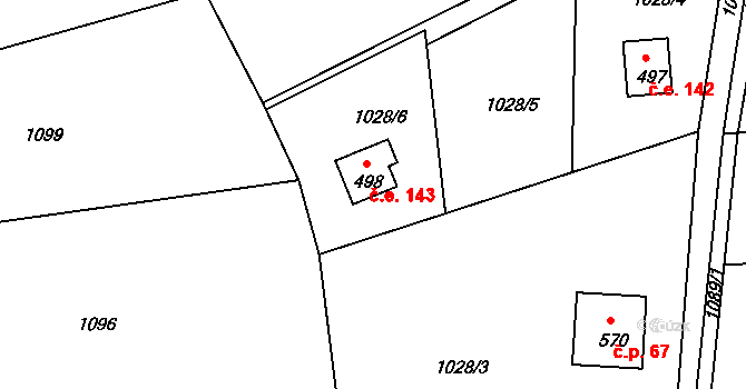 Čakovice 143, Týnec nad Sázavou na parcele st. 498 v KÚ Čakovice u Řehenic, Katastrální mapa
