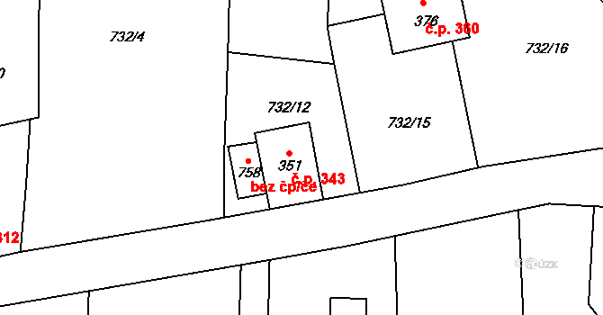 Kokonín 343, Jablonec nad Nisou na parcele st. 351 v KÚ Kokonín, Katastrální mapa