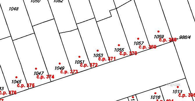 Lužice 371 na parcele st. 1053 v KÚ Lužice u Hodonína, Katastrální mapa